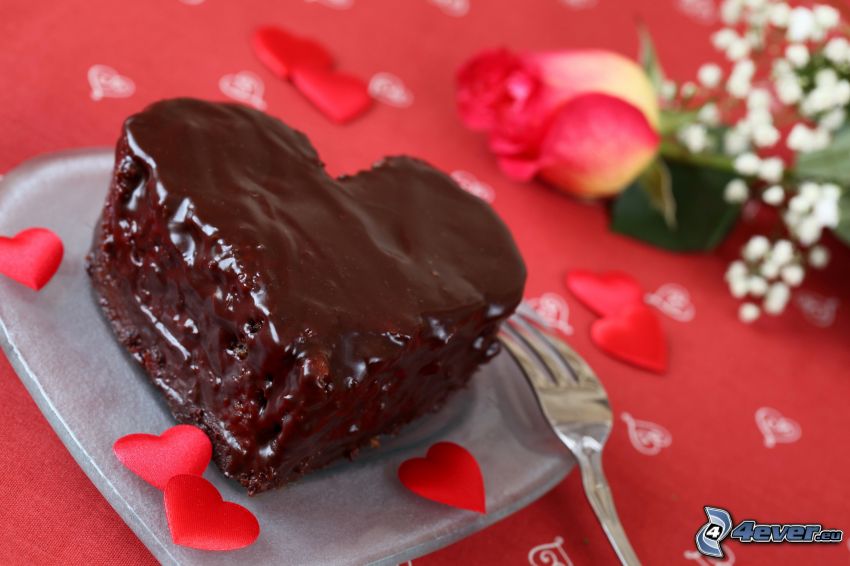 le cœur au chocolat, gâteau, pétales de roses, rose