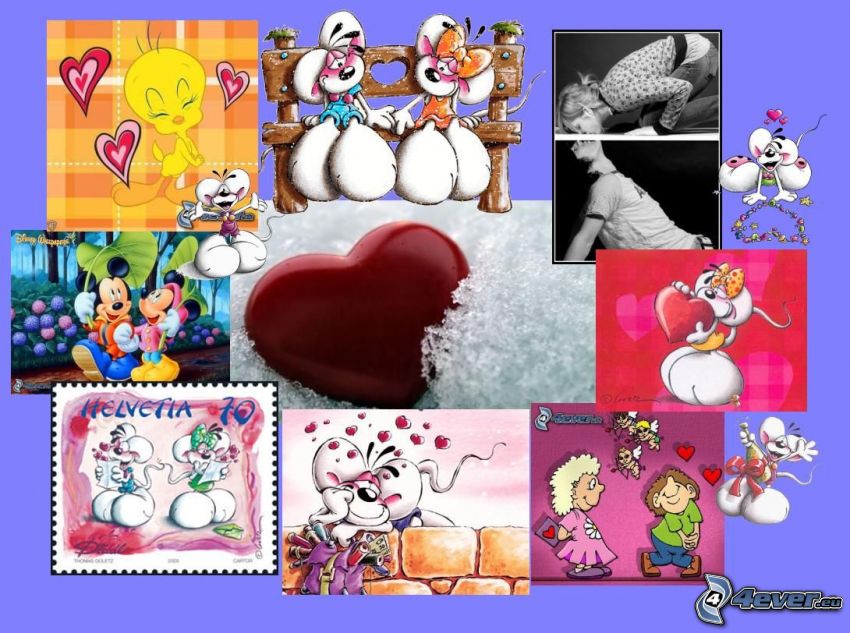 collage dans l'amour, cœur, Diddl, Titi, Mickey Mouse