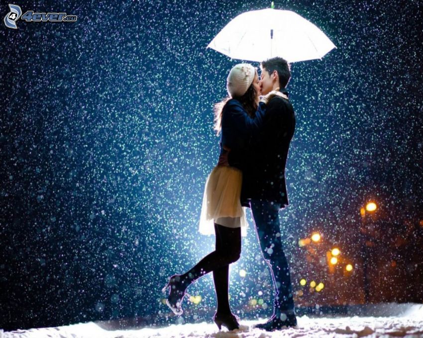 couple, baiser, chute de neige, parapluie