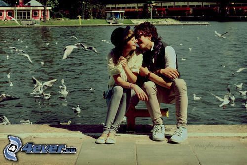 couple au bord du lac, amour, baiser, goéland