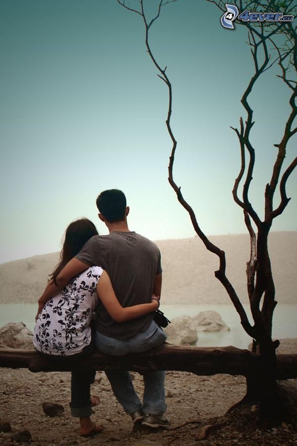 couple dans une étreinte, tronc, arbre sec dans