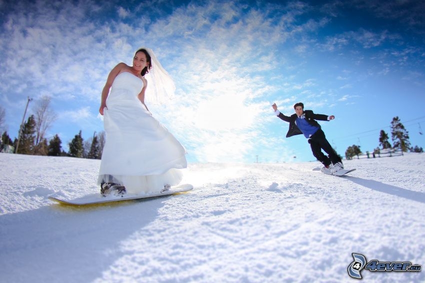 couple de mariage, snowboarding