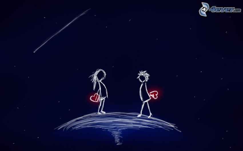 couple dessiné, cœurs, la comète