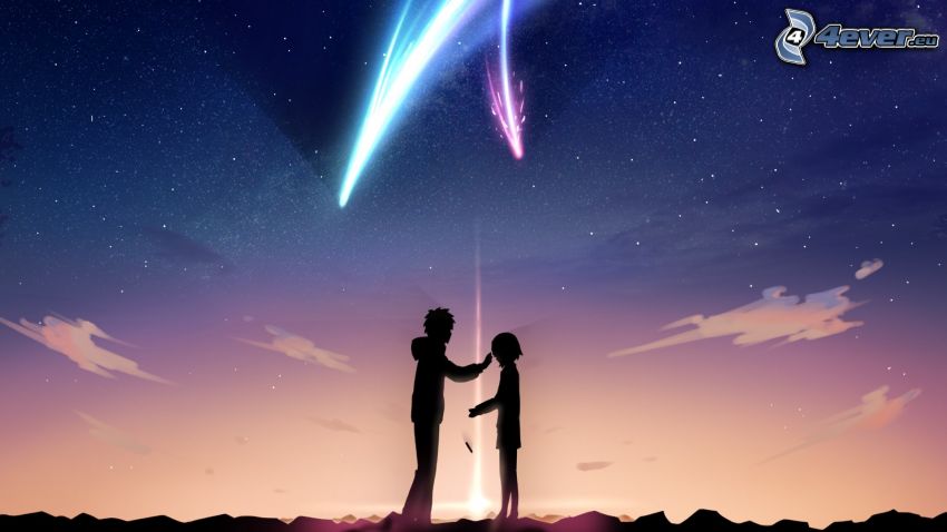 couple dessiné, la comète, ciel de la nuit