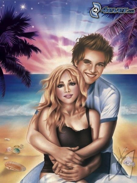 couple sur la plage, amour, soleil, mer, dessin animé