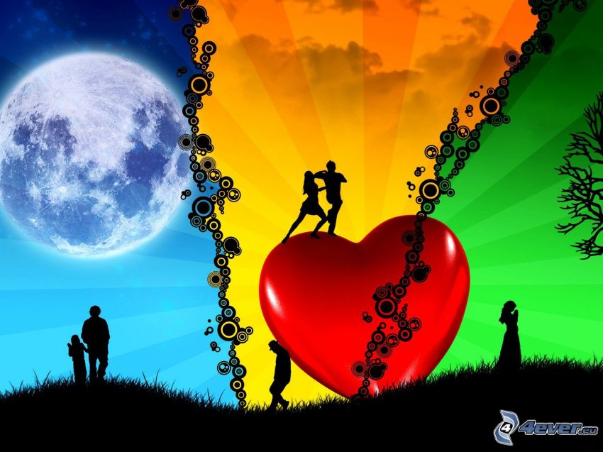 couples, cœur, Lune