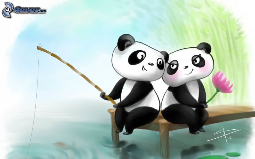 panda, couple, pêche, nénuphars, dessin animé
