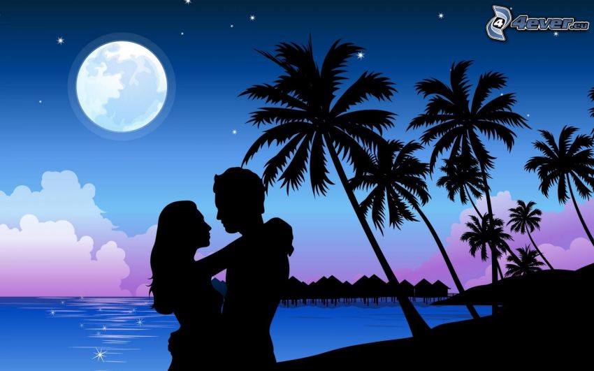 silhouette du couple, palmiers, lune, mer, maisons sur l'eau, dessin animé