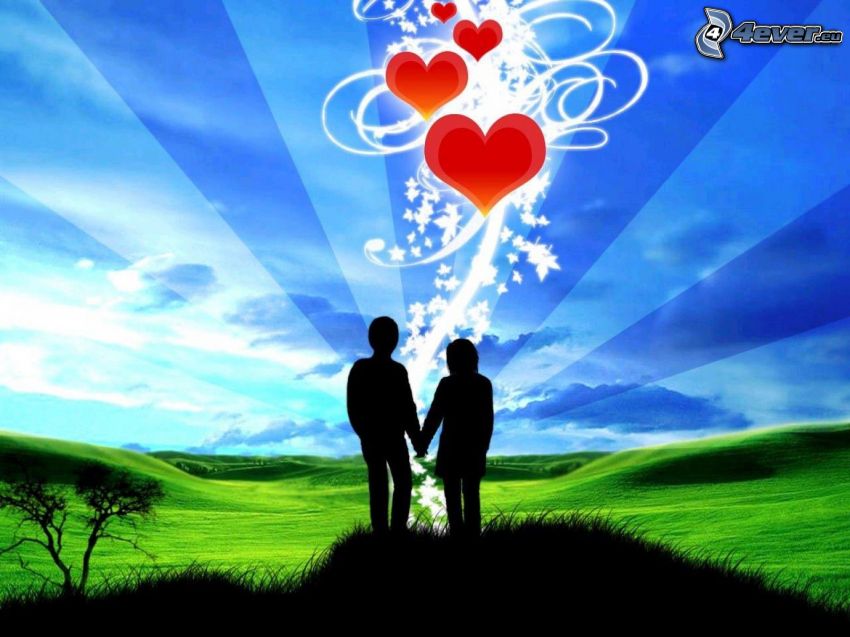 silhouette du couple, prairie verte, coeurs rouges, amour, l'art numérique