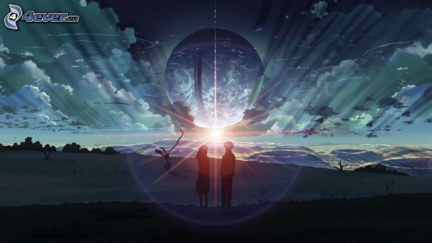 silhouette du couple, soleil, lueur, planète Terre