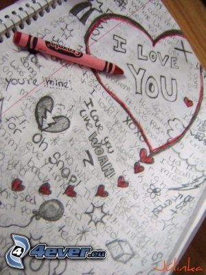 I love you, dessin, cœurs, marqueur, cahier