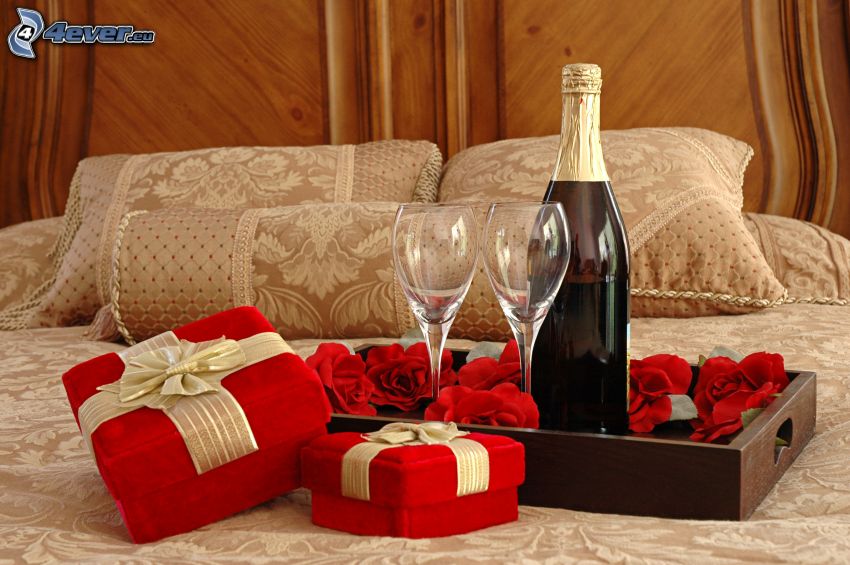 romantique, champagne, cadeaux, roses, lit