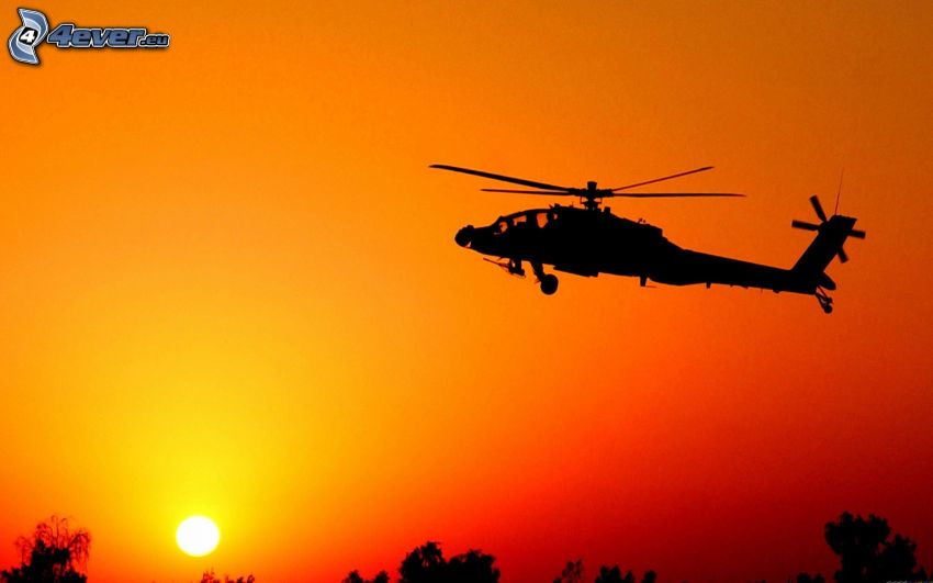 AH-64 Apache, silhouette d'hélicoptère, coucher du soleil, ciel orange