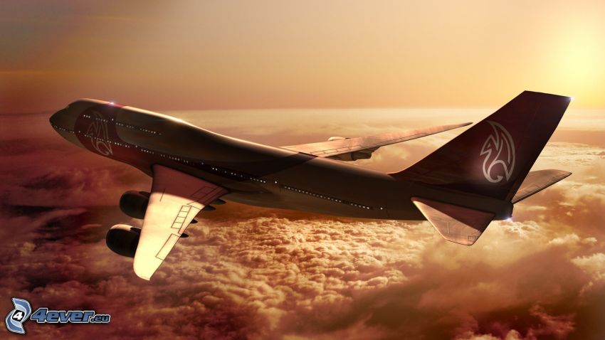 Boeing 747, avion grimper au coucher du soleil, au-dessus des nuages