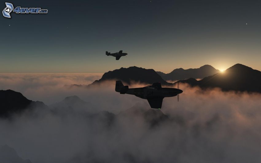 P-51 Mustang, au-dessus des nuages, collines, soleil