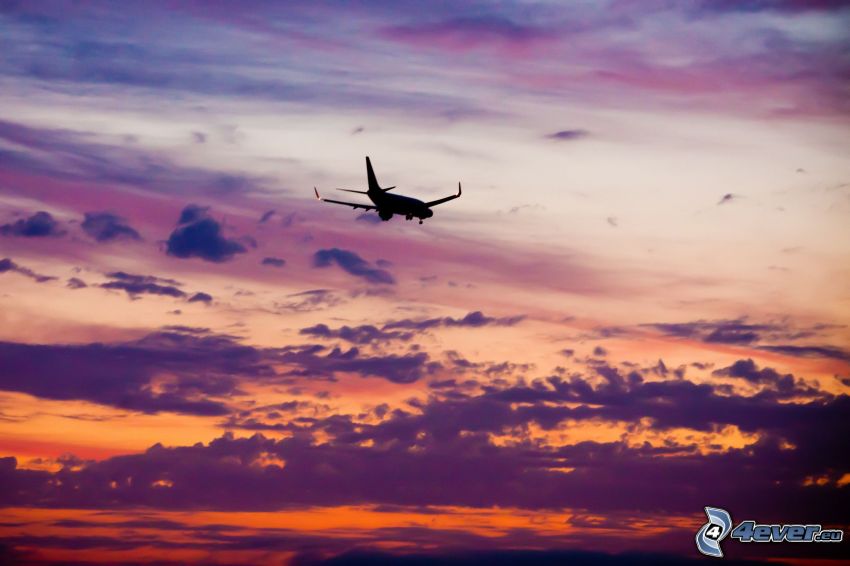 silhouette de l'avion, ciel violet, nuages