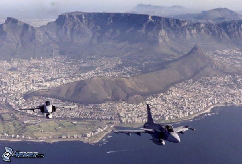 avions de chasse, vue sur la ville, montagnes tabulaires, collines, mer