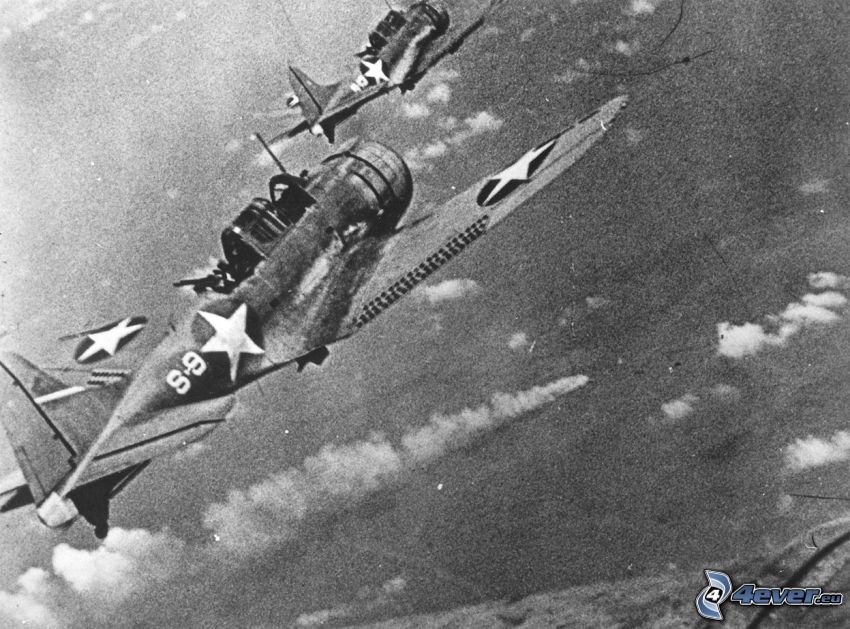 Douglas SBD Dauntless, avions de chasse, Seconde Guerre mondiale, photo noir et blanc, vieille photographie