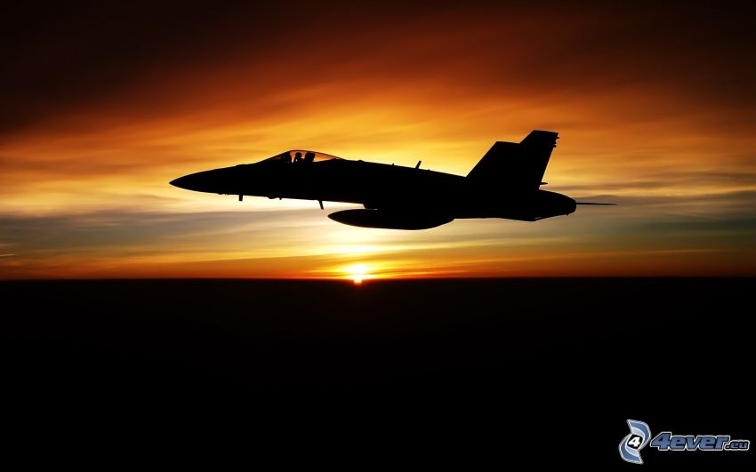 F/A-18 Hornet, McDonnell Douglas, coucher du soleil, avion grimper au coucher du soleil, silhouette de l'avion de chasse