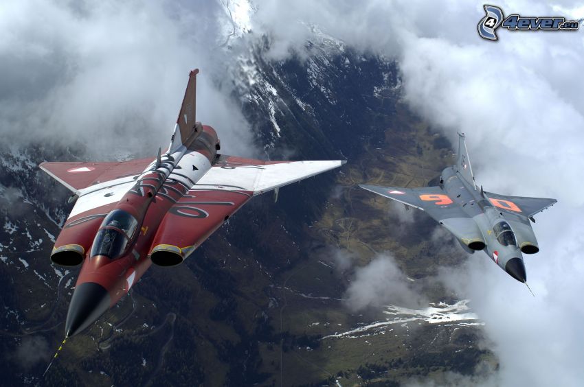 Saab J-35 Draken, avions de chasse, nuages, collines