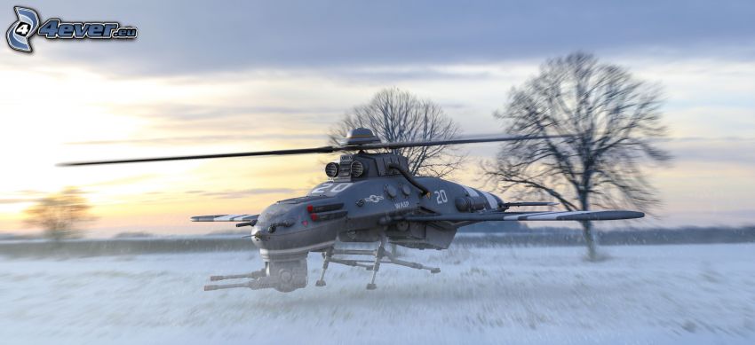 hélicoptère, atterrissage, neige