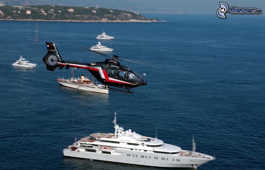 hélicoptère personnel, navires, baie, côte, mer