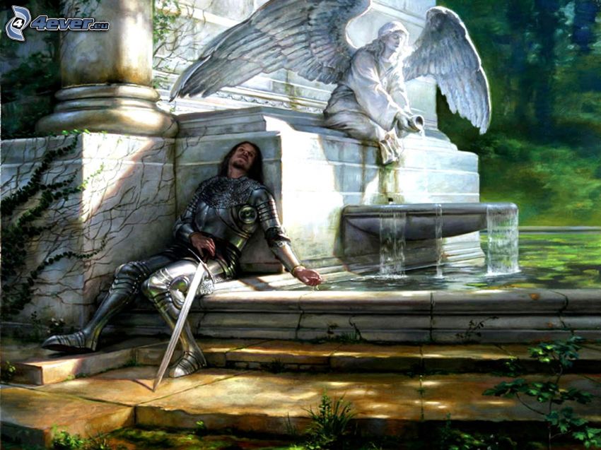 chevalier, la fatigue, statue d'un ange, fontaine, eau