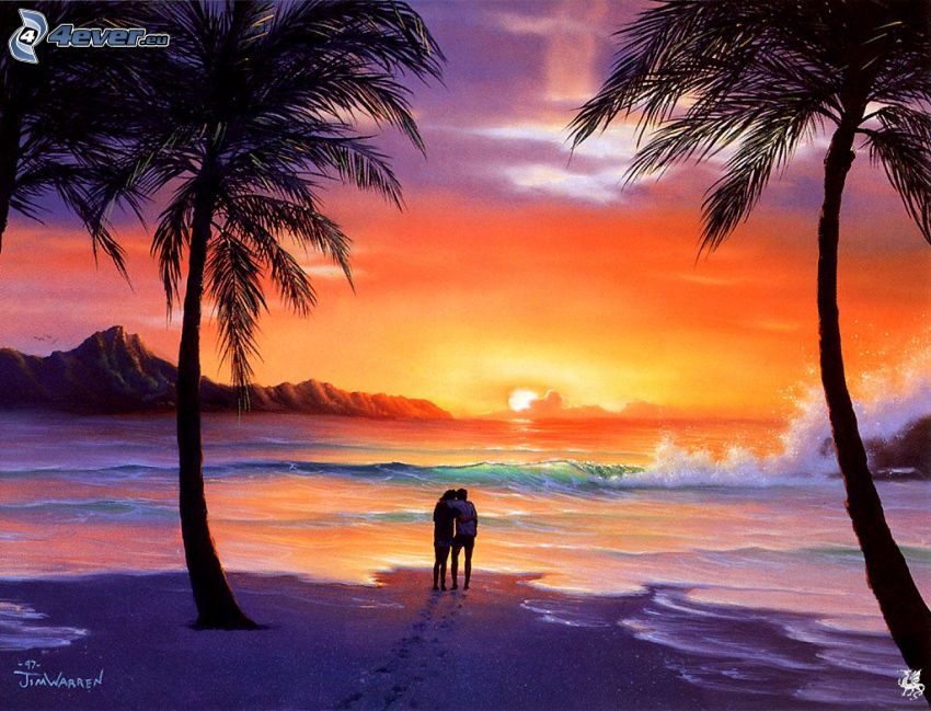 couple près de la mer, coucher du soleil orange sur la mer, palmiers, romantique, dessin animé