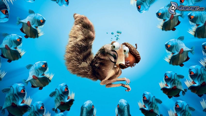 écureuil de l'Age de glace film, gland, piranhas, personnages de dessins animés