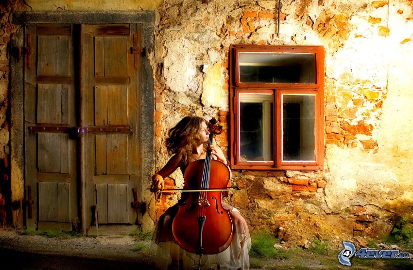 fille jouante du violoncelle, fenêtre, vieille porte, vieille maison