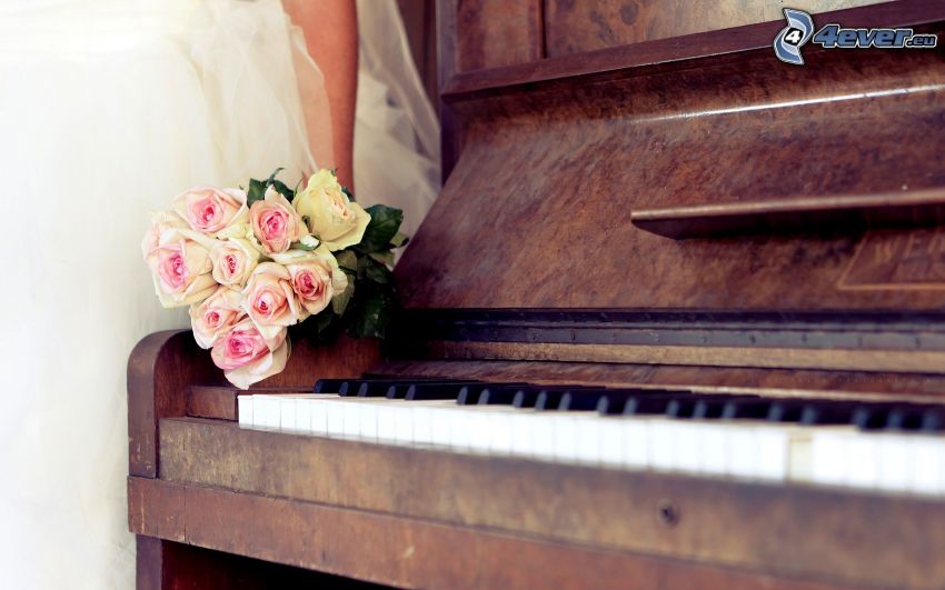piano, bouquet de roses, mariée