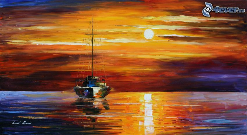 navire, mer, soleil, peinture à l'huile