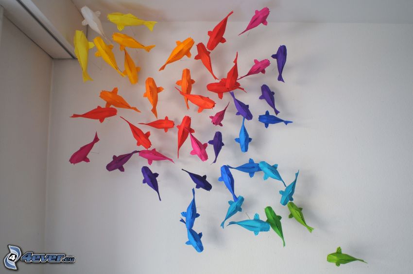 origami, poissons, papier de couleur