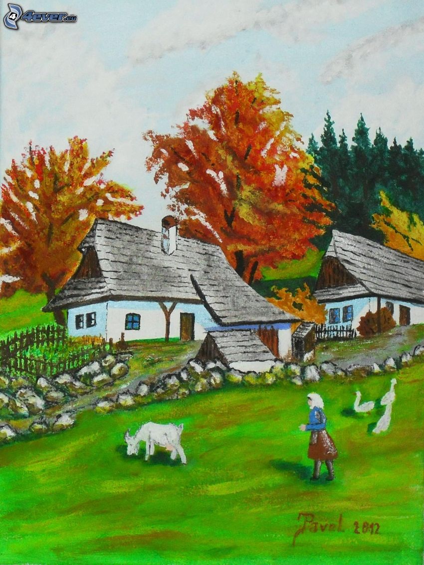 village, village peinte, arbres jaunes, femme, berger