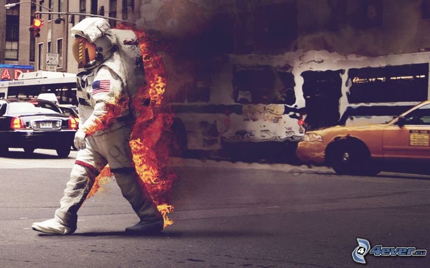 astronaute, rue, homme brûlant