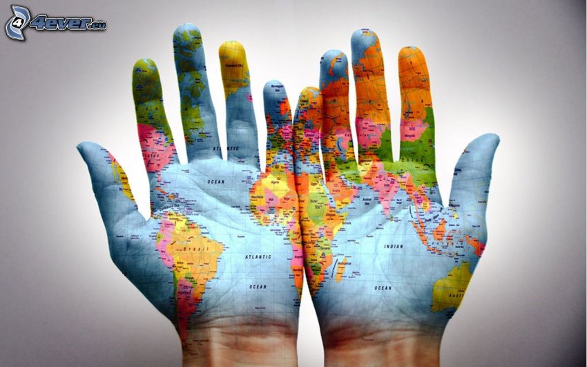 carte du monde, mains