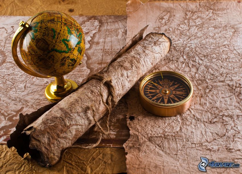 carte historique, boussole, globe
