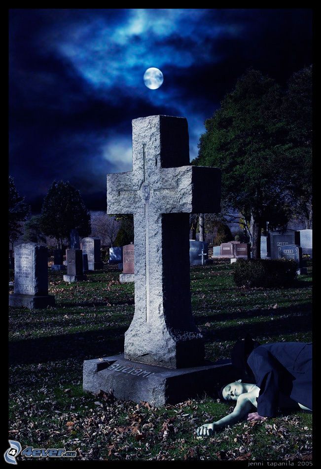 cimetière, lune, vampire, obscurité