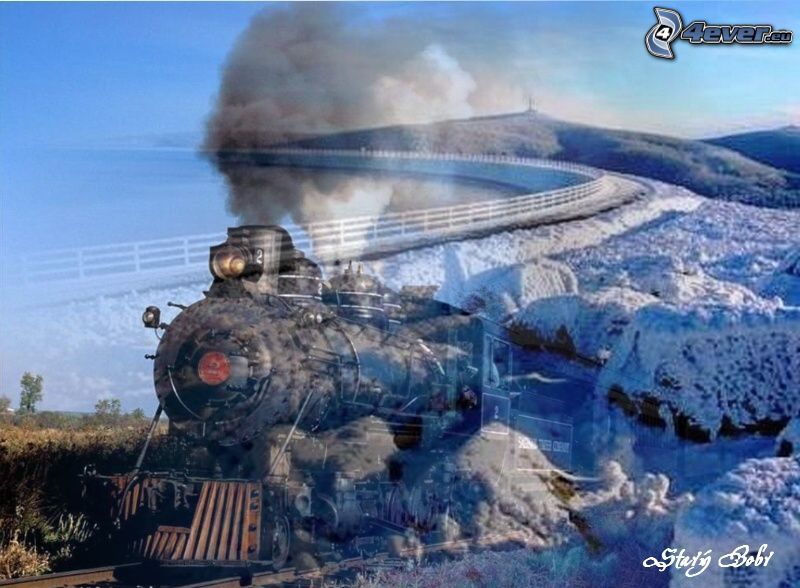 collage, train à vapeur, barrage