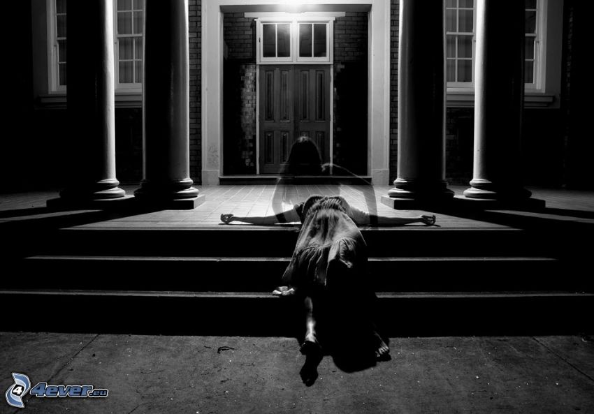 fantôme, fille, escaliers, porte, maison