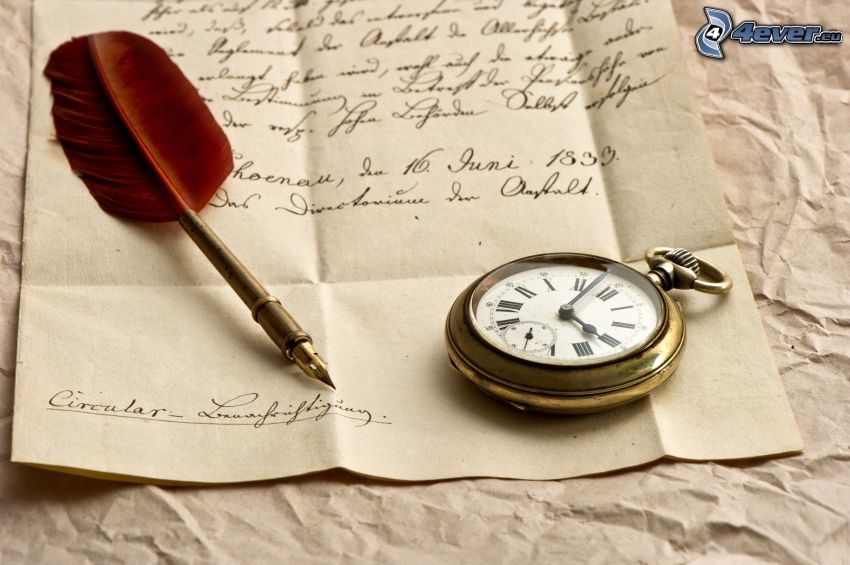 feuille, horloges historiques, stylo