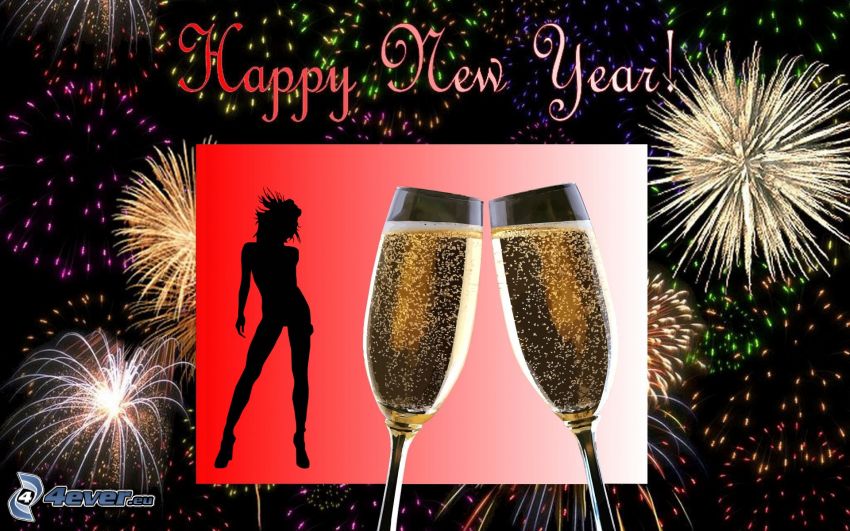 heureuse nouvelle année, champagne, feux d'artifice