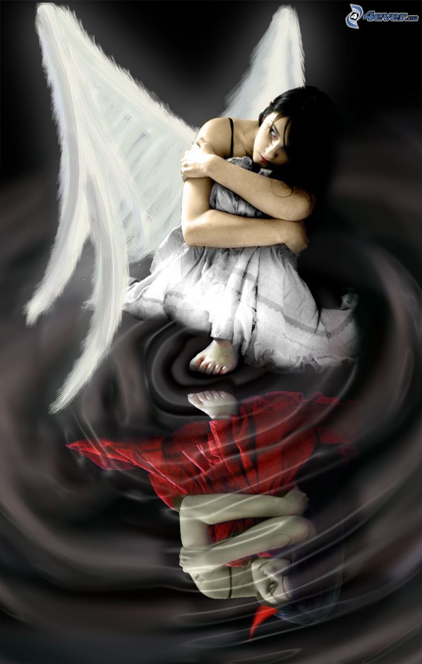 la diablesse angélique, ange et démon, fille, femme avec des ailes, reflexion