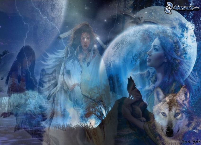 nuit, loups, femmes, lune, collage