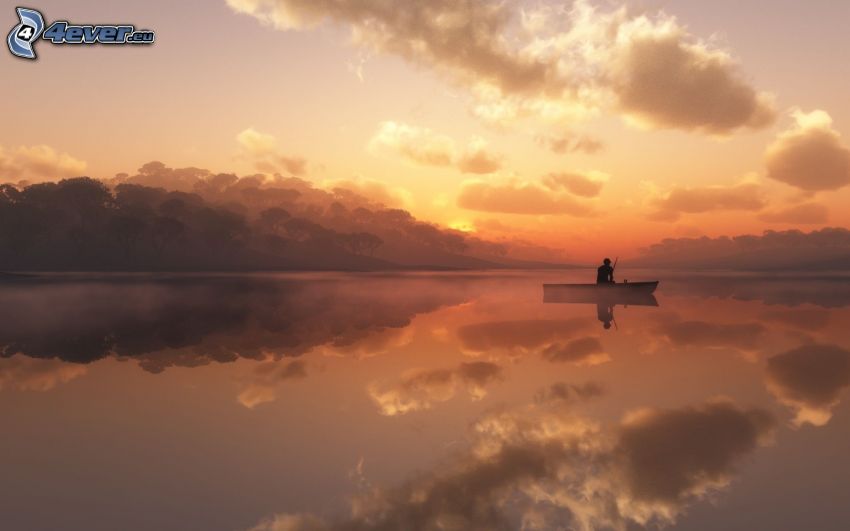 pêcheur, coucher du soleil, surface de l´eau calme