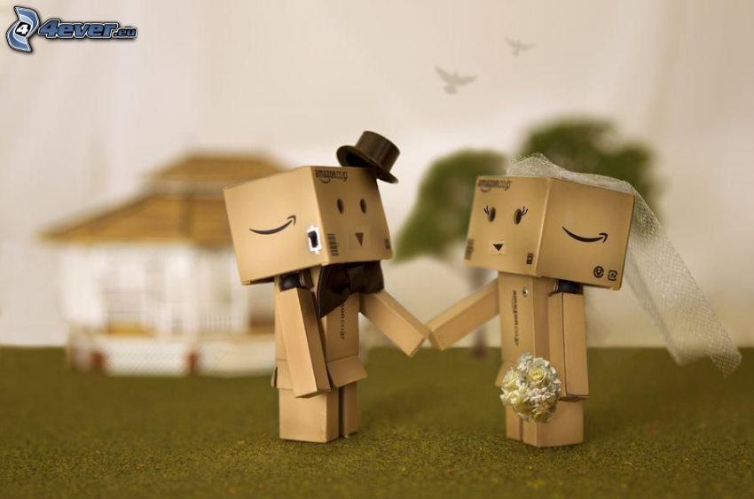 robots en papier, mariage, chapeau, nœud papillon, bouquet