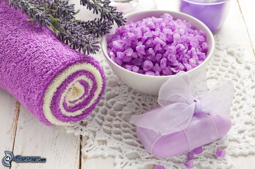 serviette, savon, pierres, violet
