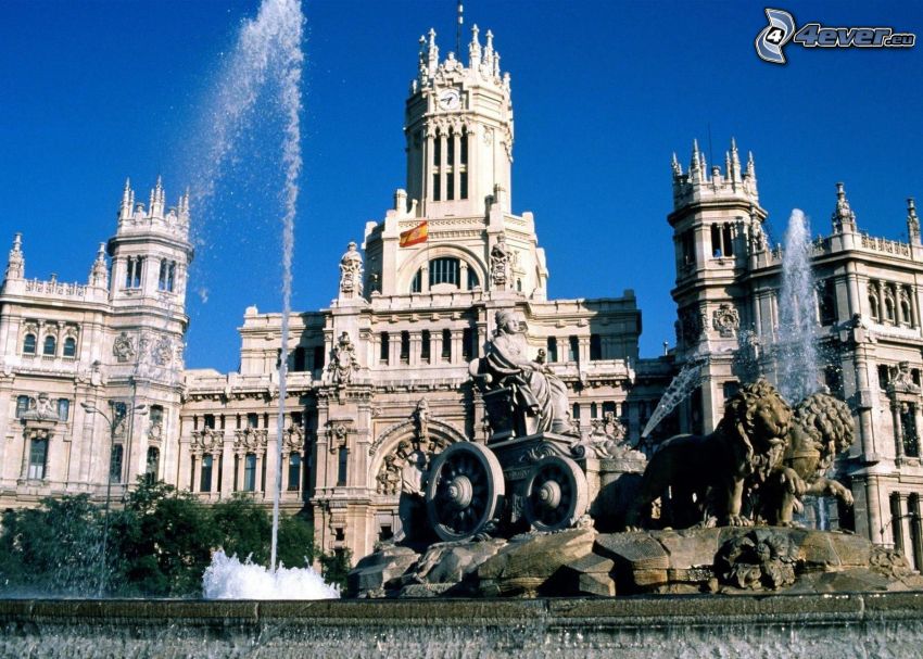bâtiment, fontaine, Madrid