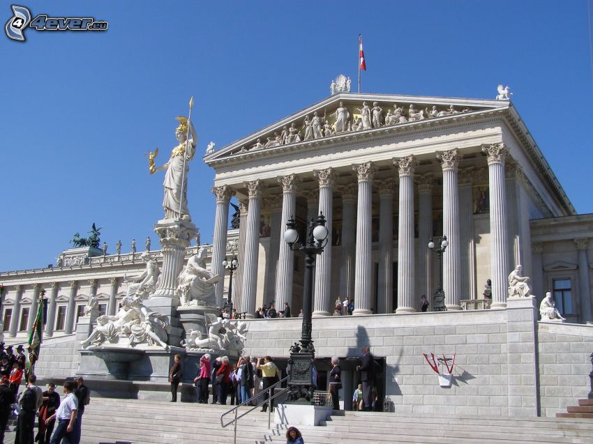 bâtiment, Vienne, gens, piliers, statue