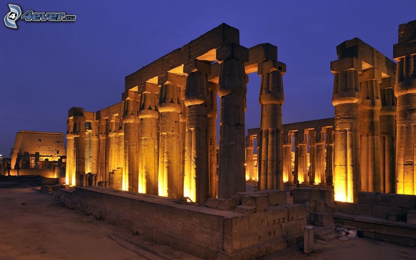 bâtiment antique, Égypte, soirée, éclairage
